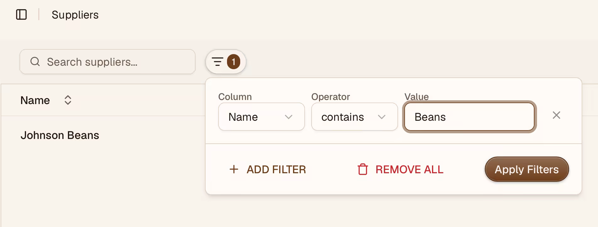 Suppliers filter