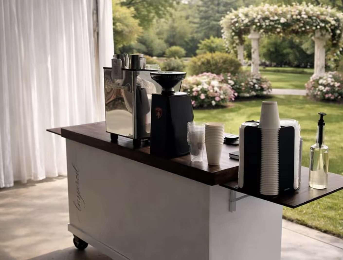 Maryna's espresso cart set up at an outdoor wedding reception