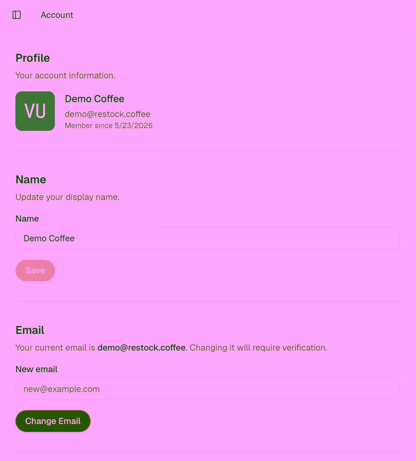 Account settings page