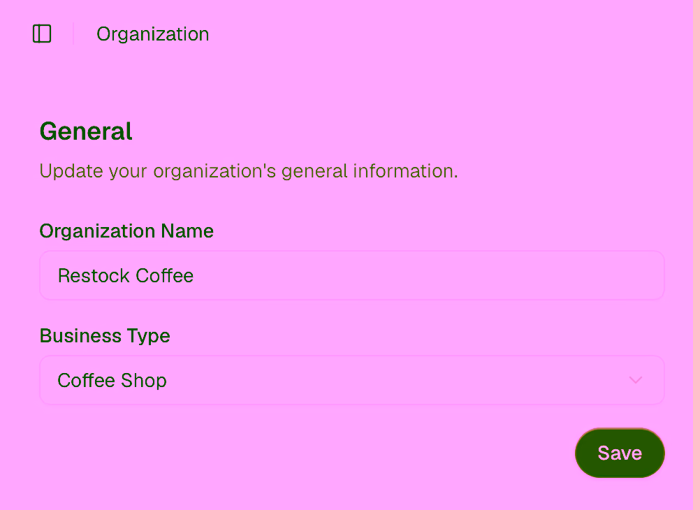Organization settings page